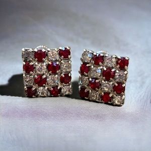 Hollywood Glamour Vintage Square Red Silver Rhinestone Screw Back Earrings